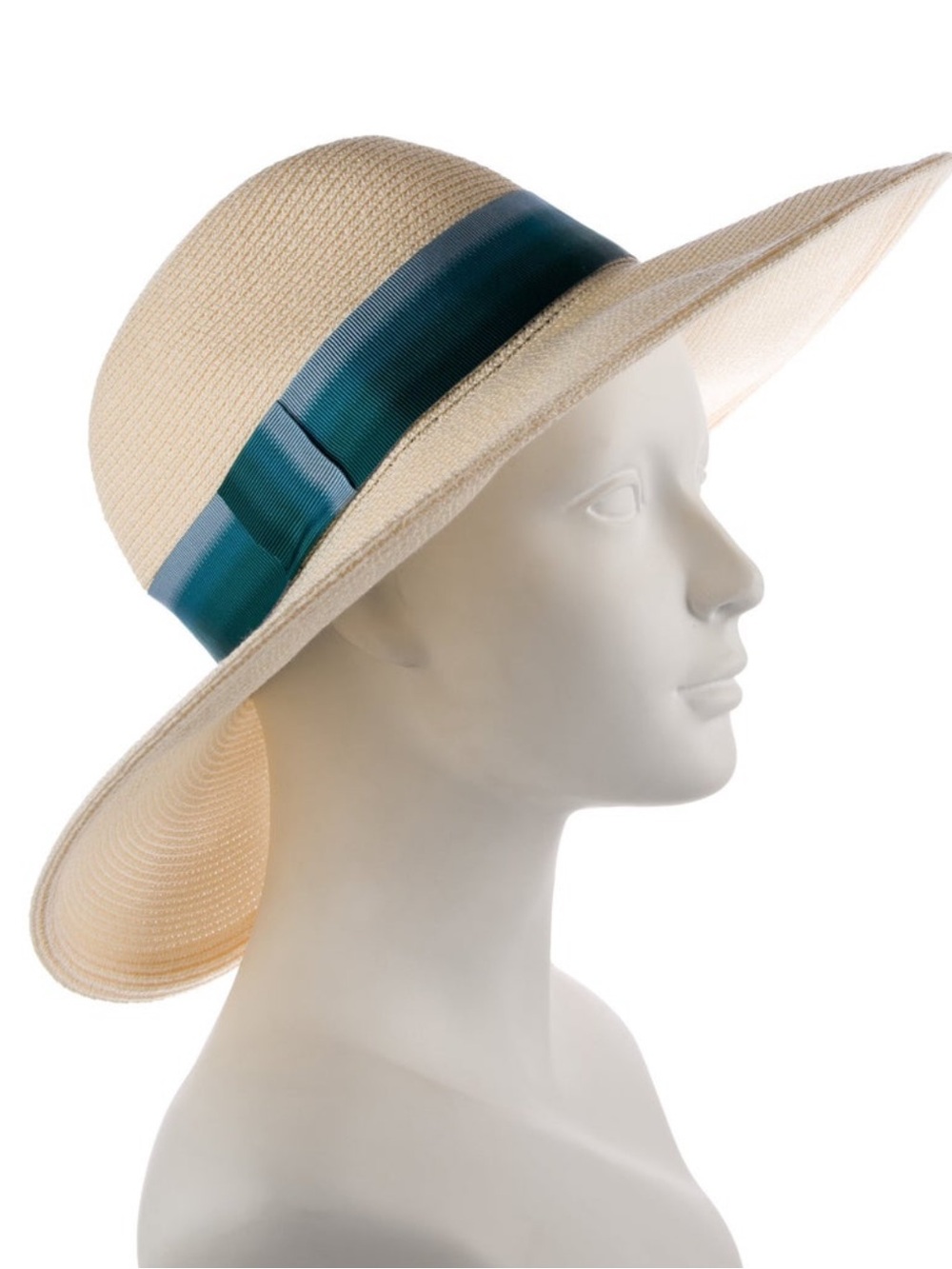 Eugina Kim Wide Brim Straw Hat with Teal Ribbon